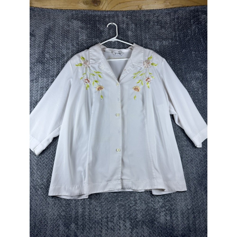 K.C. Studio Blouse Top Womens 22W White Embroidered Floral Sheer Button Front
